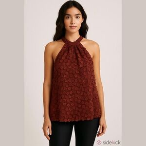 EVA FRANCO with Anthropologie flowing burgundy floral halter top, keyhole back